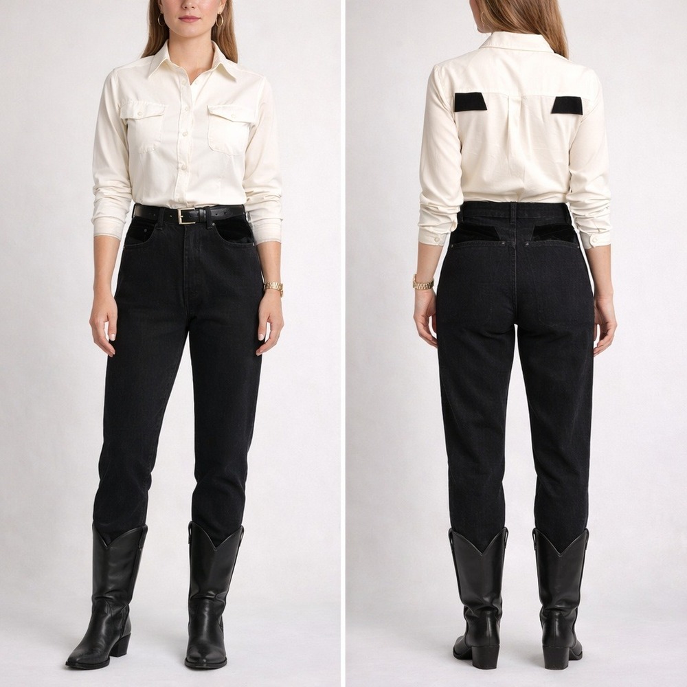 Thoroughbred Riding Jeans Women 3/4 Black Denim Velvet Trim High Waisted USA VTG